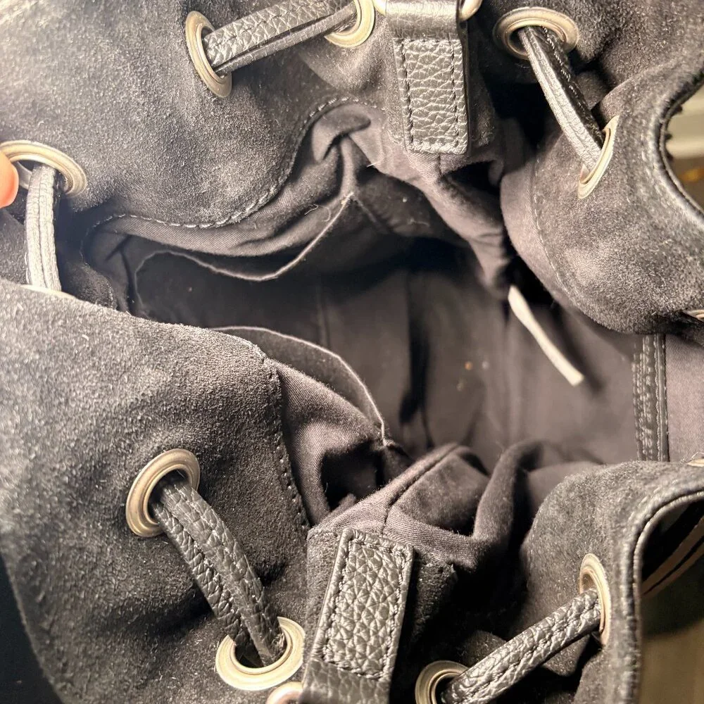 Italian 100% Leather Bucket Bag with Suede Fringe Tassels, Black - Picture 9 of 13